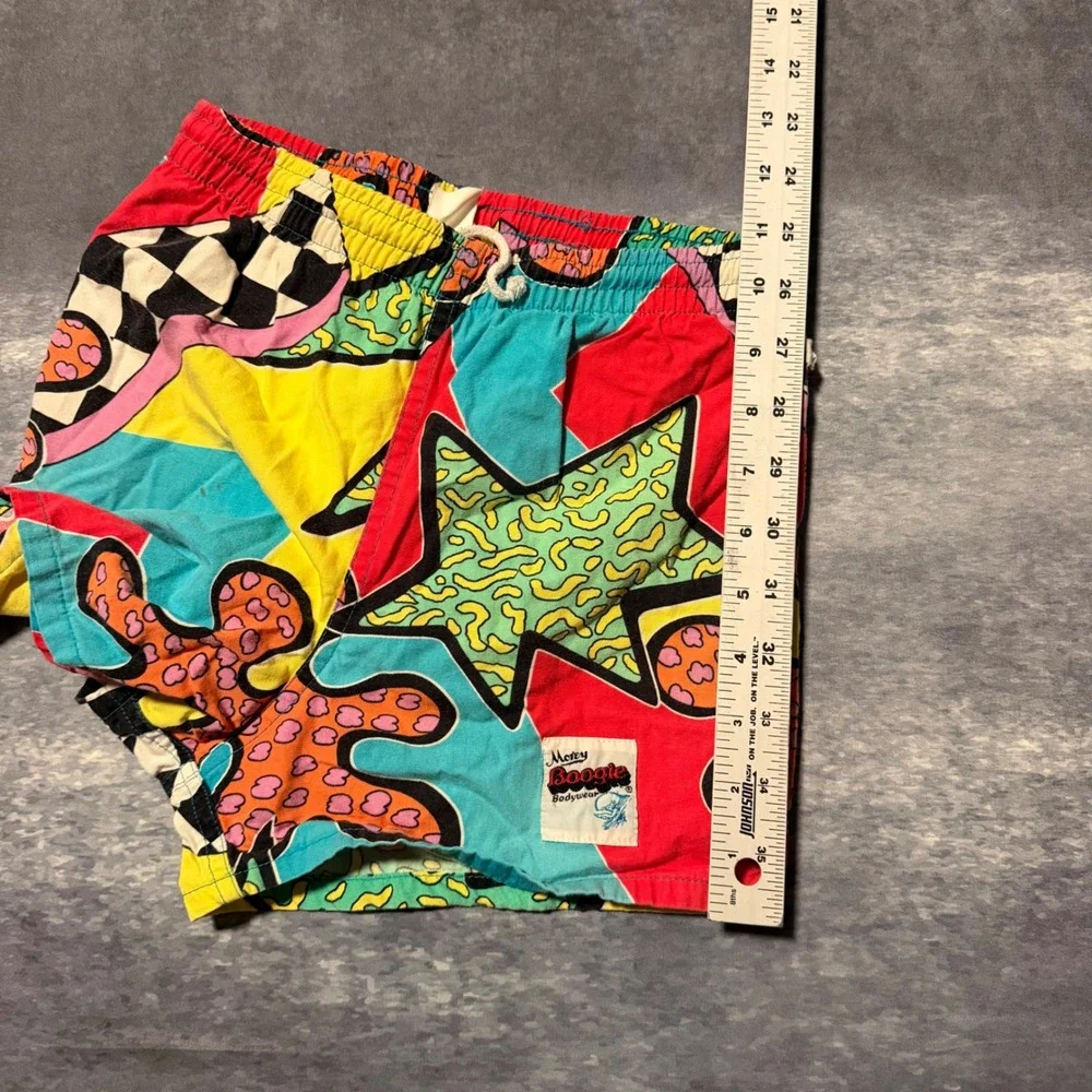 VTG Morey Boogie Kids S Swim Shorts 90s Abstract Neon Geometric Surf Trunks AOP